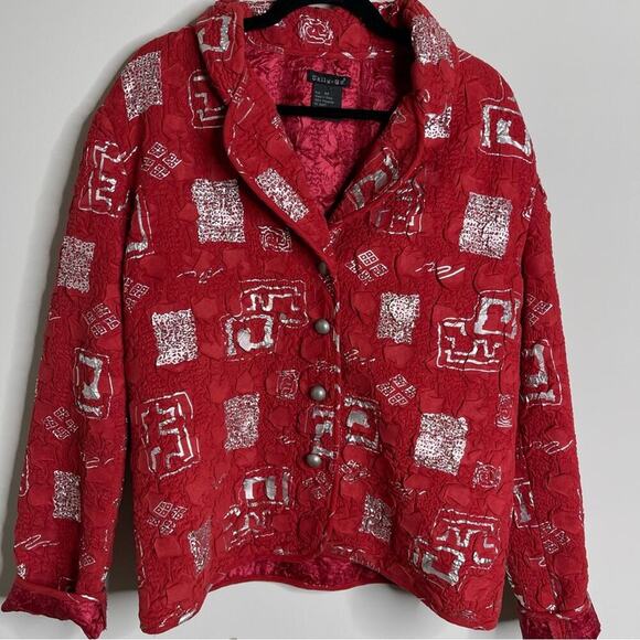 Vintage crinkle red quilted button front jacket holidays‎ size medium - Picture 1 of 5